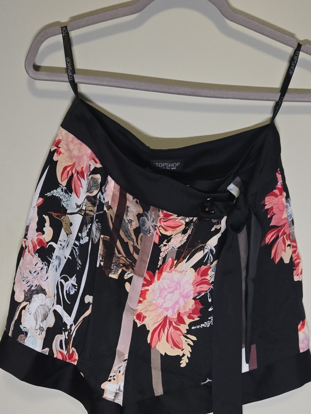 Topshop Floral Tie Waist Shorts Size 6 Sheer Overlay High Waist